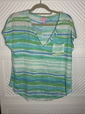 Lilly Pulitzer Blue, Green & White Striped V-Neck Pocket Tee